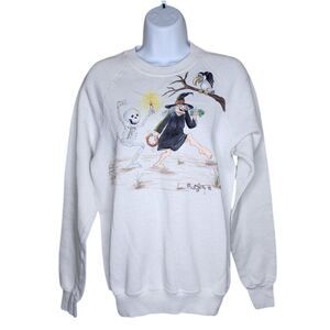 Vintage 90s Halloween Pullover Sweatshirt Womens Size M White Crewneck Witch
